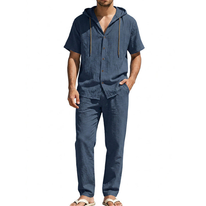Herren nan luftiges Leinen-Lounge-Set mit kurzärmeligem Kapuzenhemd und gerader Relaxhose Drune