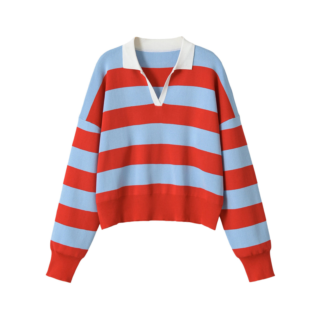 Damen Cropped Oversize Rugby-Pullover mit Polokragen und tiefem V‑Ausschnitt Drune