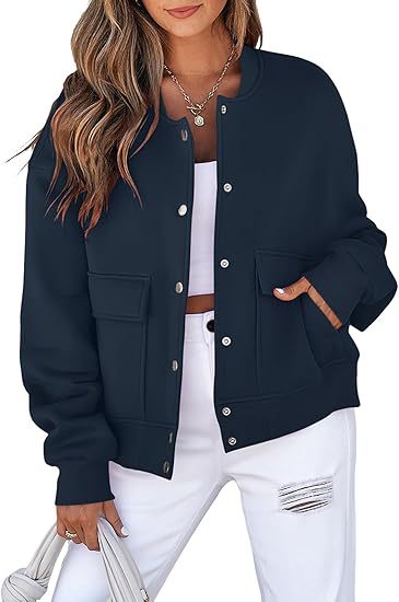 Damen Oversized Bomberjacke aus French Terry mit Druckknopf und aufgesetzten Taschen Drune