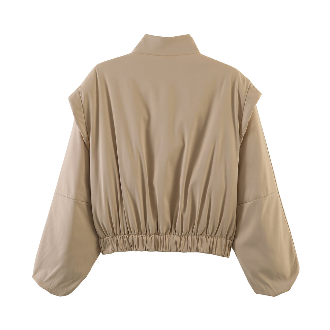 Damen Kurz geschnittene Windjacke mit Stehkragen, wattierter Fütterung und Ballonärmeln Drune