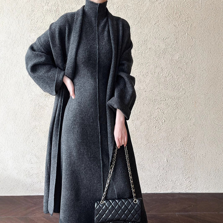 Damen Maxikleid mit hohem Kragen und überschnittenen Ärmeln Drune
