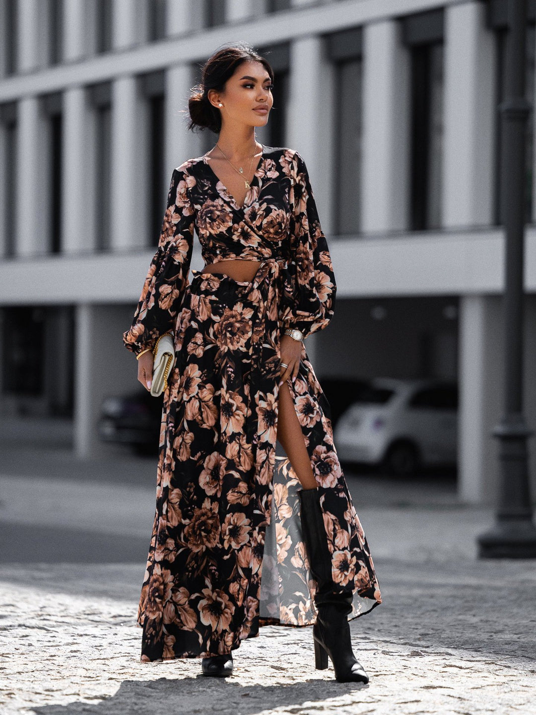 Damen Maxikleid im Leopardenmuster mit Wickeldesign und voluminösen Ärmeln Drune