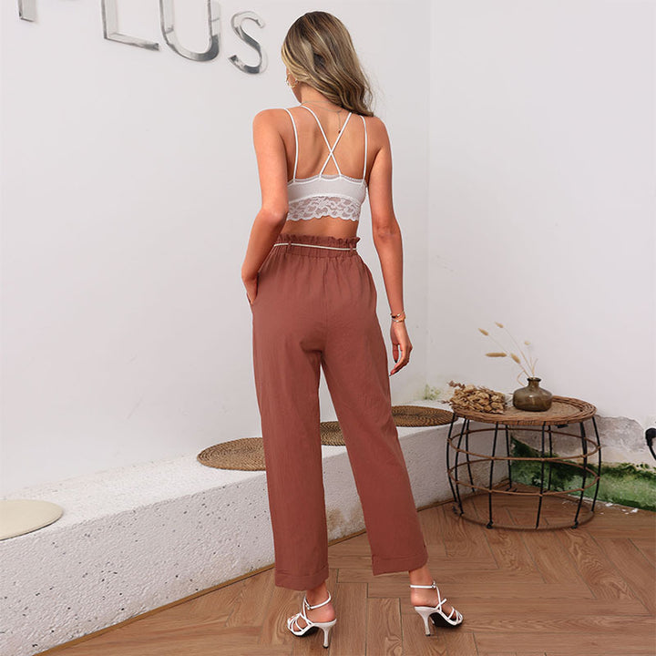 Damen Leichte Leinenhose mit Gummibund, Kordelzug und umgeschlagenem Saum Drune