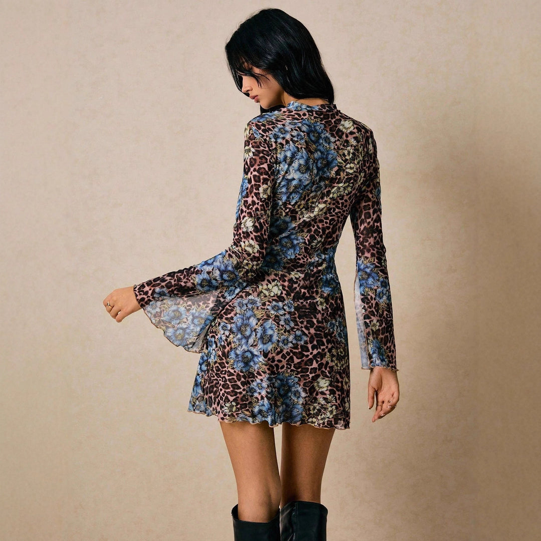 Damen nan figurbetontes Netz-Minikleid mit Leoparden- und Blumenprint, Stehkragen und Trompetenärmeln Drune