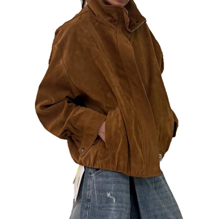 Damen Oversize Veloursleder-Blouson mit hohem Stehkragen und Metallreißverschluss Drune