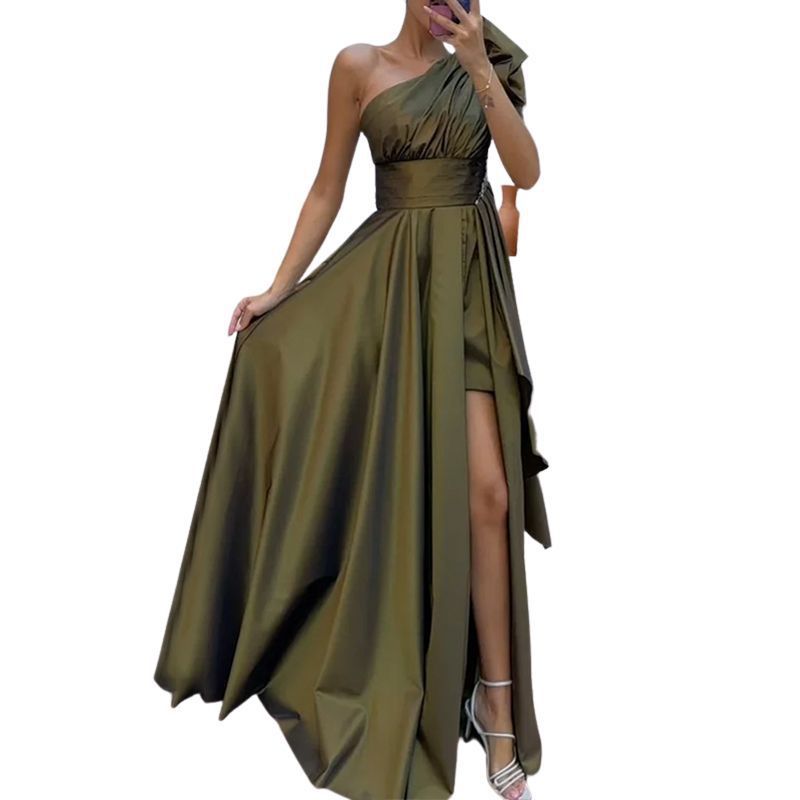 Damen Asymmetrisches Abendkleid mit tiefem Beinschlitz und elegantem Drapierung Drune