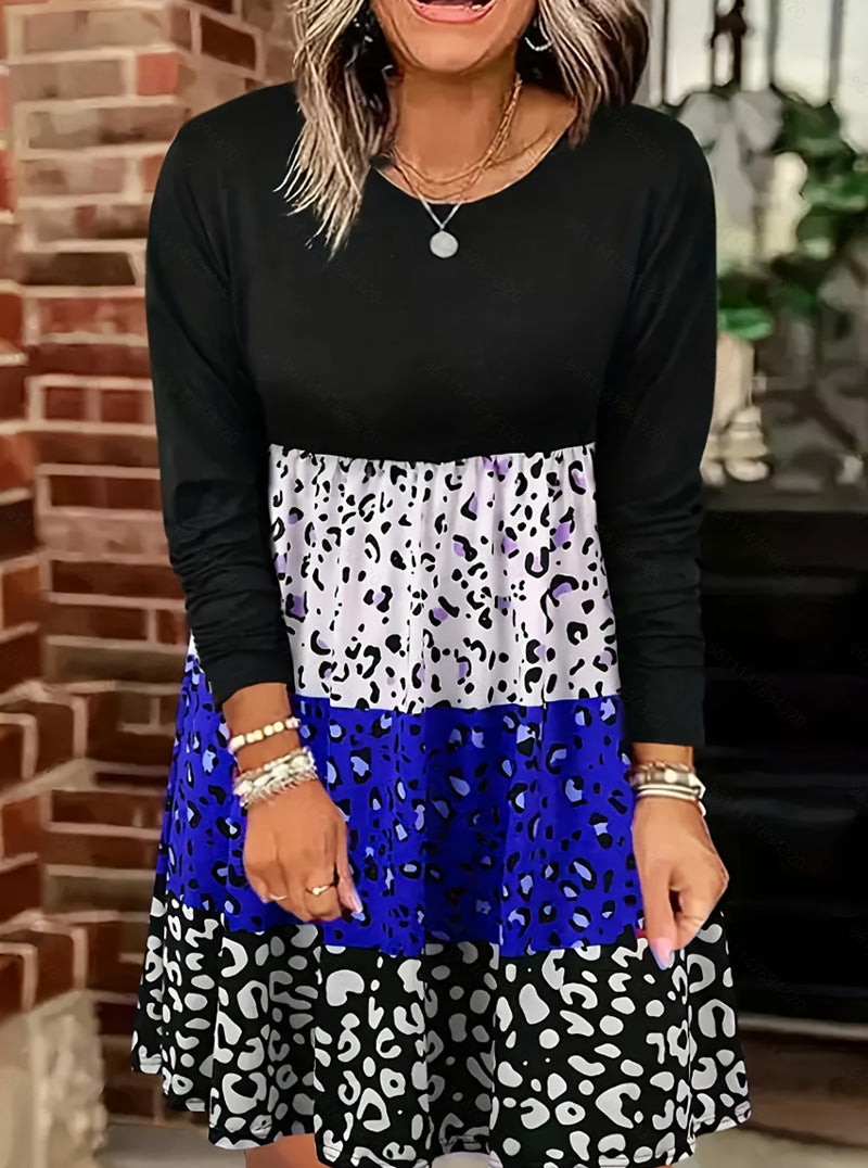 Damen nan langärmliges Stufenkleid mit geraffter Empire-Taille und gemischtem Animal-Print Drune