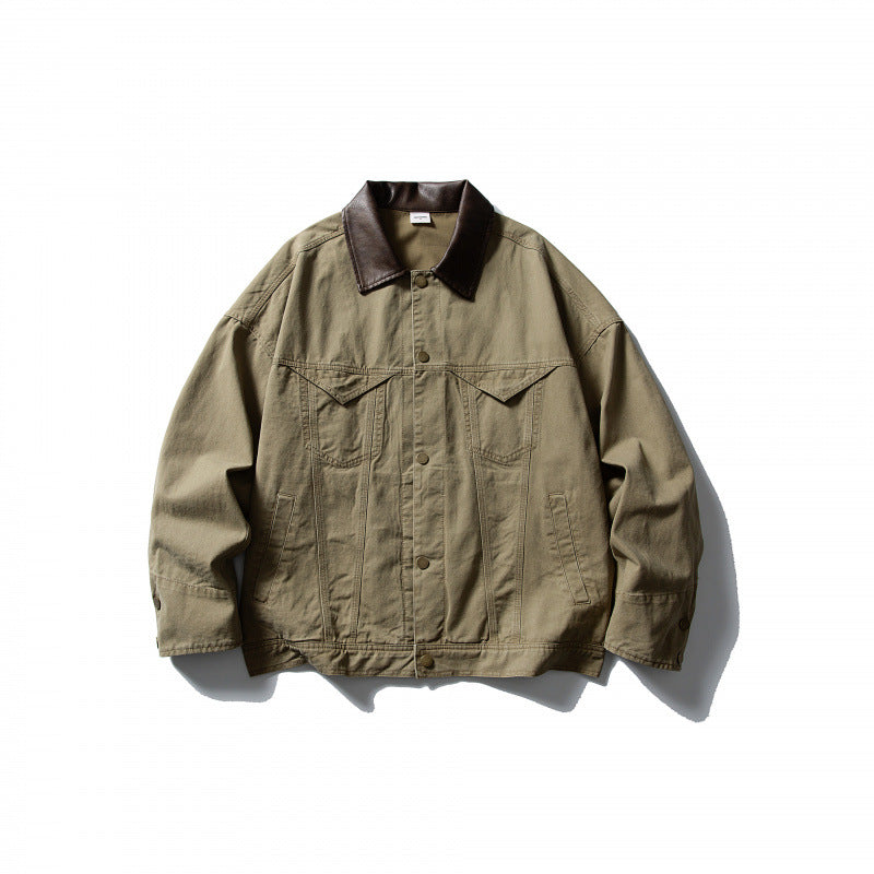 Herren Boxy-Canvasjacke mit Lederkragen und Overshirt-Silhouette Drune