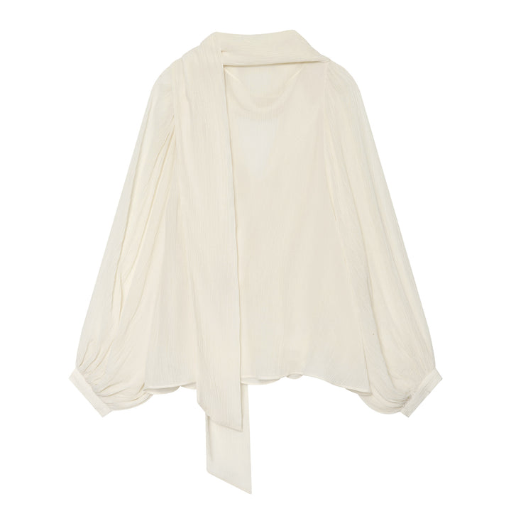 Damen Leichte Crêpe‑Bluse mit drapiertem Schalkragen und Ballonärmeln Drune