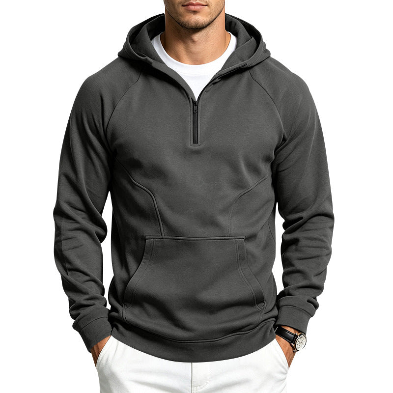 Herren Kapuzenpullover mit halbem Reißverschluss, sportlich-slim Fit und Kängurutasche Drune