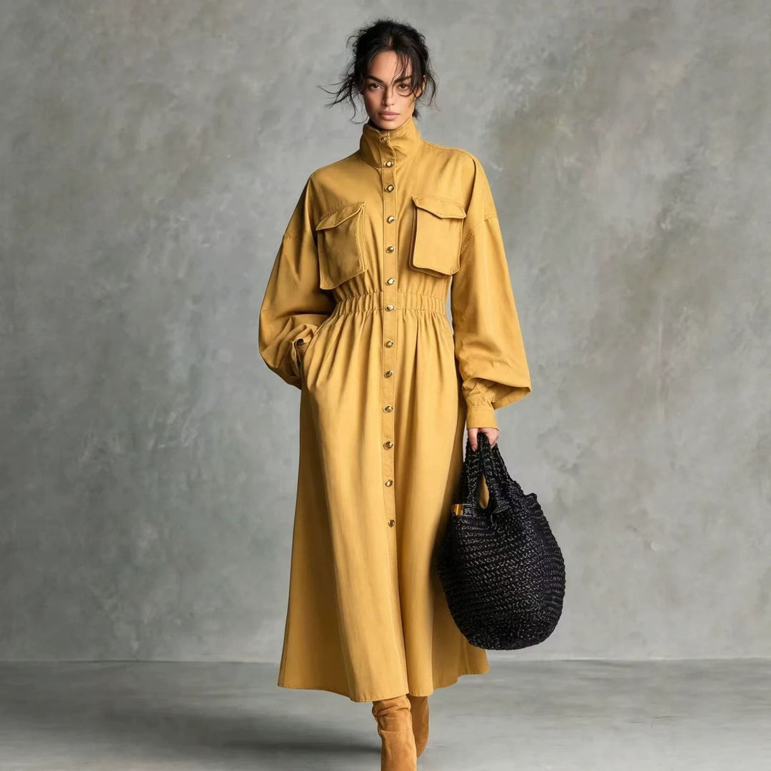 Damen Elegantes Hemdkleid mit Taschen und Taillengürtel Drune