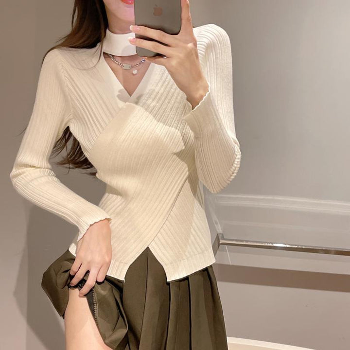 Damen elegantes Wickeloberteil aus geripptem Strickmaterial Drune
