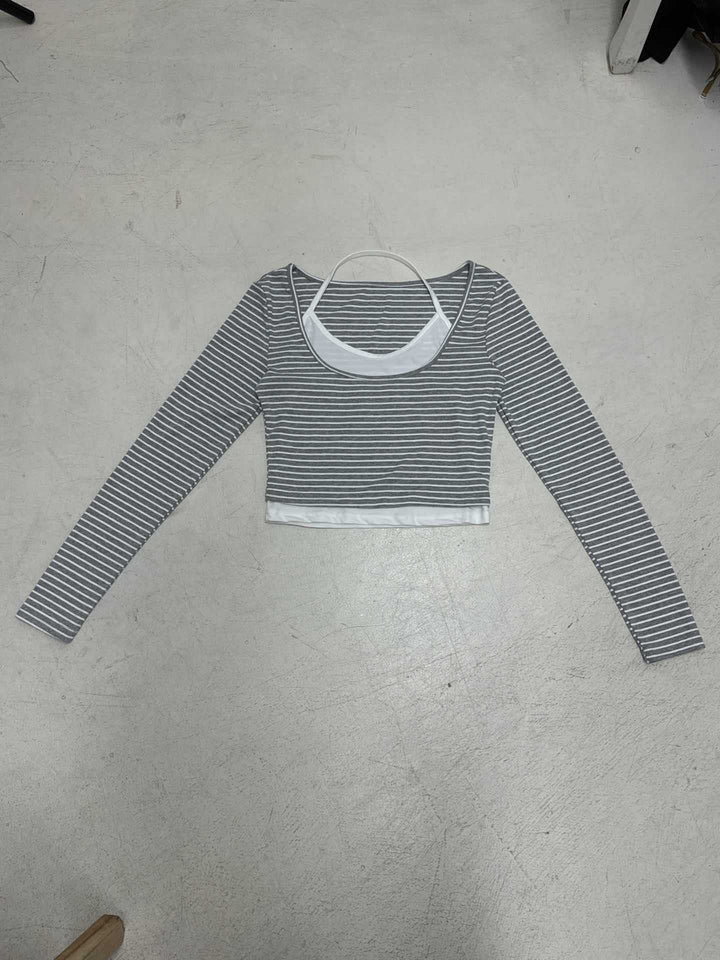 Damen nan gerafftes Layering-Cropped-Top mit integriertem Bustier und feinem Streifenstrick Drune