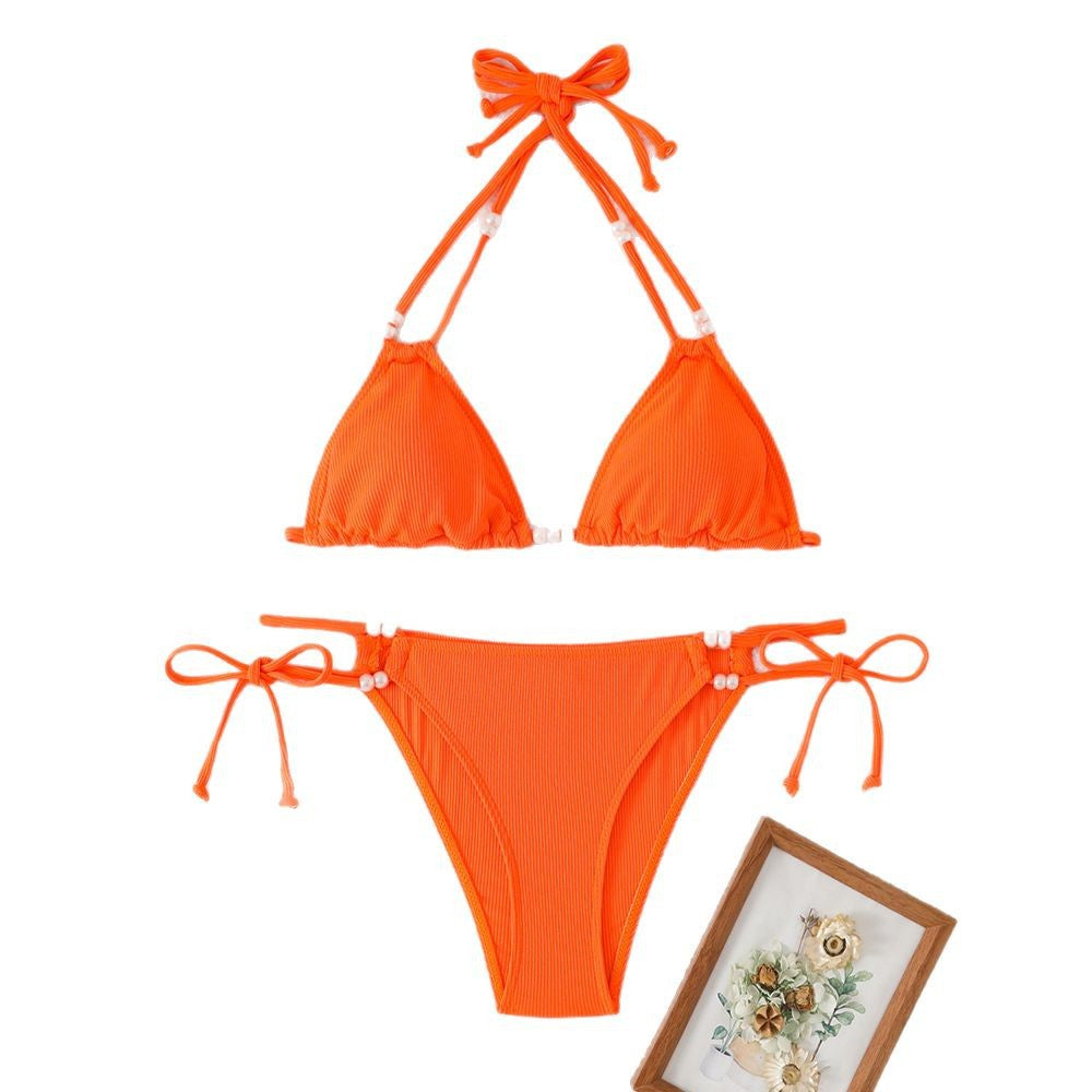 Damen Triangle-Bikini mit perlenschmückten Trägern und eleganter Raffung Drune
