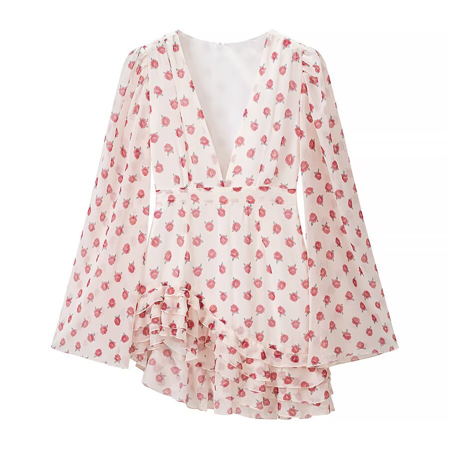 Damen Fließende Chiffonbluse mit floralem Print, tiefem V-Ausschnitt und Volantstufen Drune