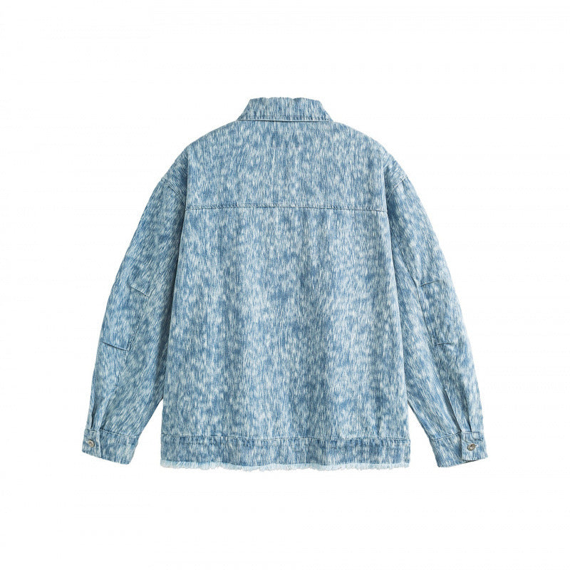 Unisex Boxy-Jeansjacke mit ausgefranstem Saum und strukturierter Waschung Drune