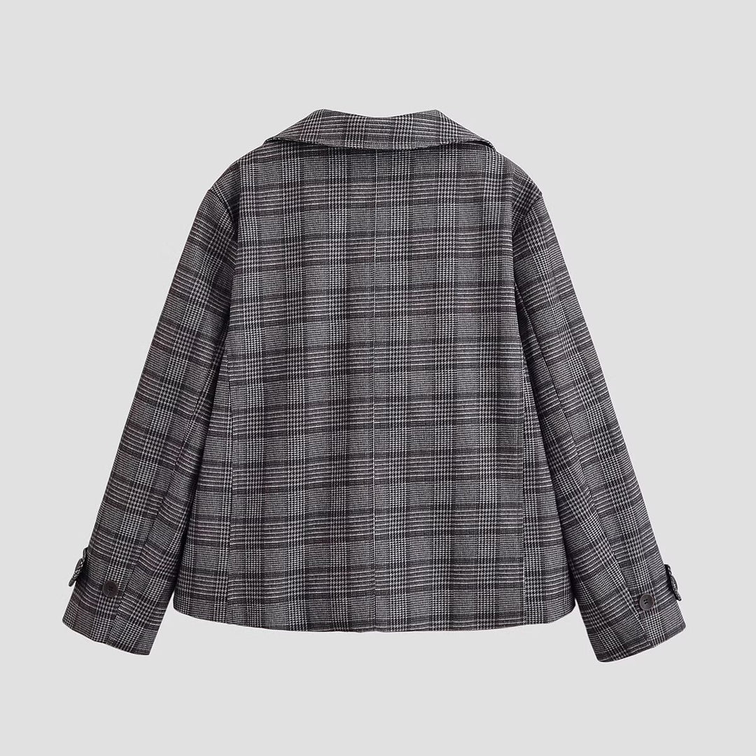 Damen Cropped Doppelreiher-Blazer im Glencheck mit oversized Revers und Umschlagärmeln Drune