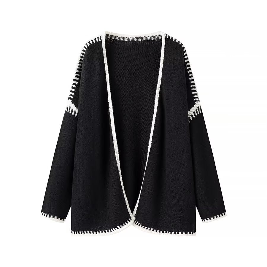 Damen Offene Strickjacke mit eleganten Kontrastnähten Drune