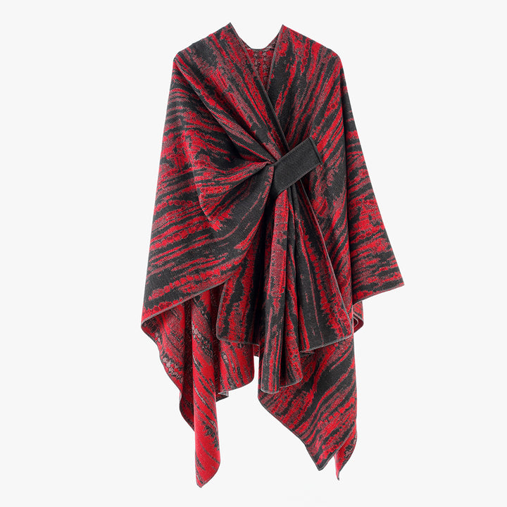 Damen Jacquard-Cape-Überwurf mit strukturierter Wellenoptik, Bindegürtel und asymmetrischem Zipfelsaum Drune