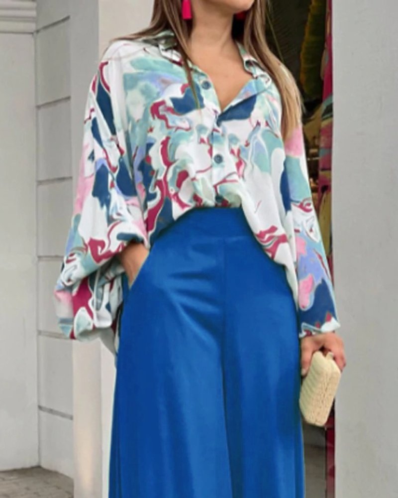 Damen Oversize Hemdbluse mit abstraktem Aquarellprint und überschnittener Schulter Drune