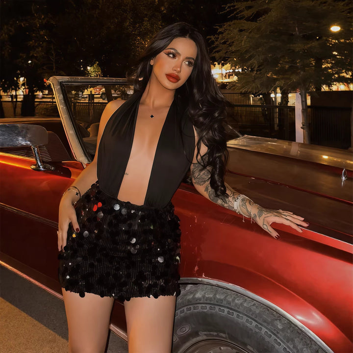 Damen Glamouröses Minikleid mit schimmerndem Paillettenrock Drune