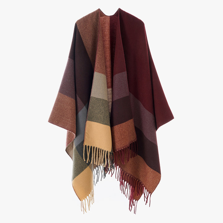 Damen Wickel-Cape aus Wollmix mit Karomuster und Fransen Drune