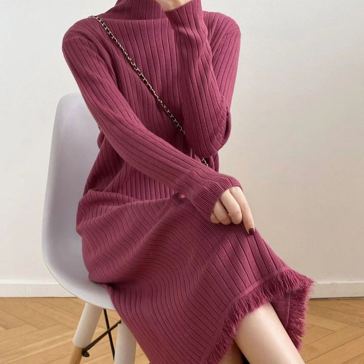 Damen Langarm Strickkleid mit strukturiertem Rippdesign und flauschigem Saum Drune