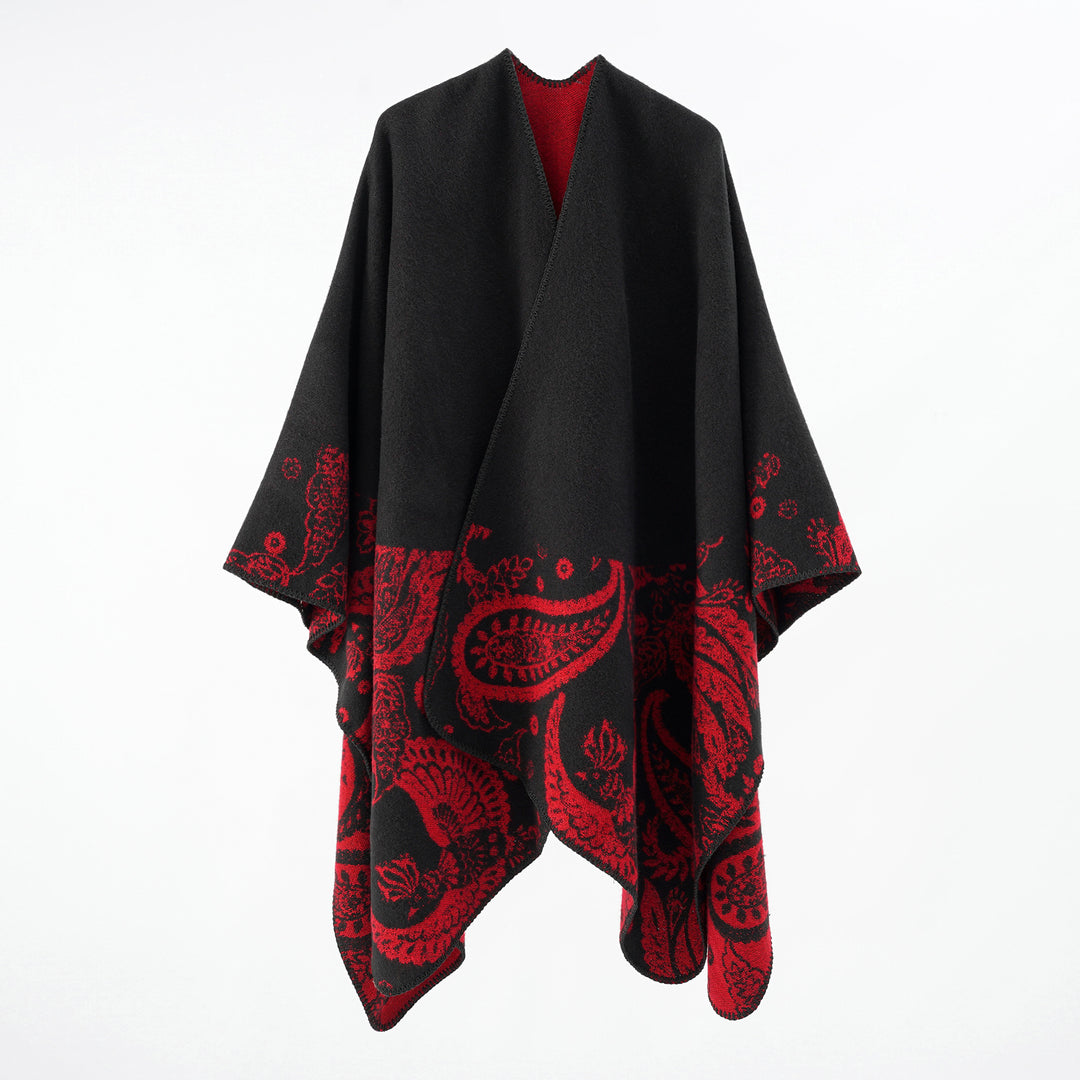 Damen Wollmix-Wendecape mit Paisley-Jacquard und offenem V-Ausschnitt Drune