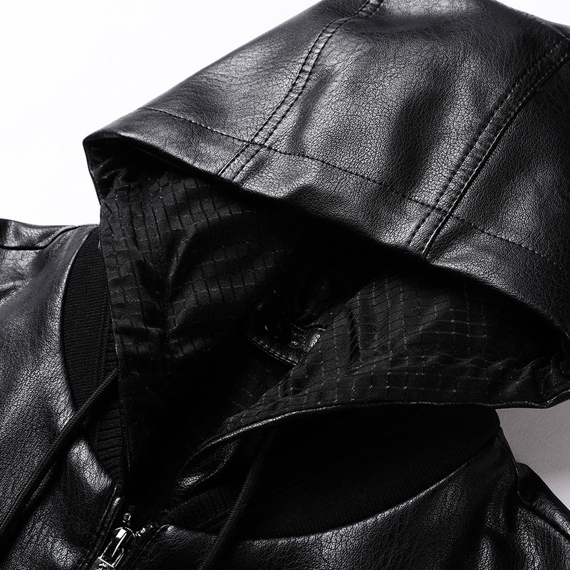 Herren Kapuzen-Lederimitat-Blouson mit Reißverschluss und elastischen Bündchen Drune