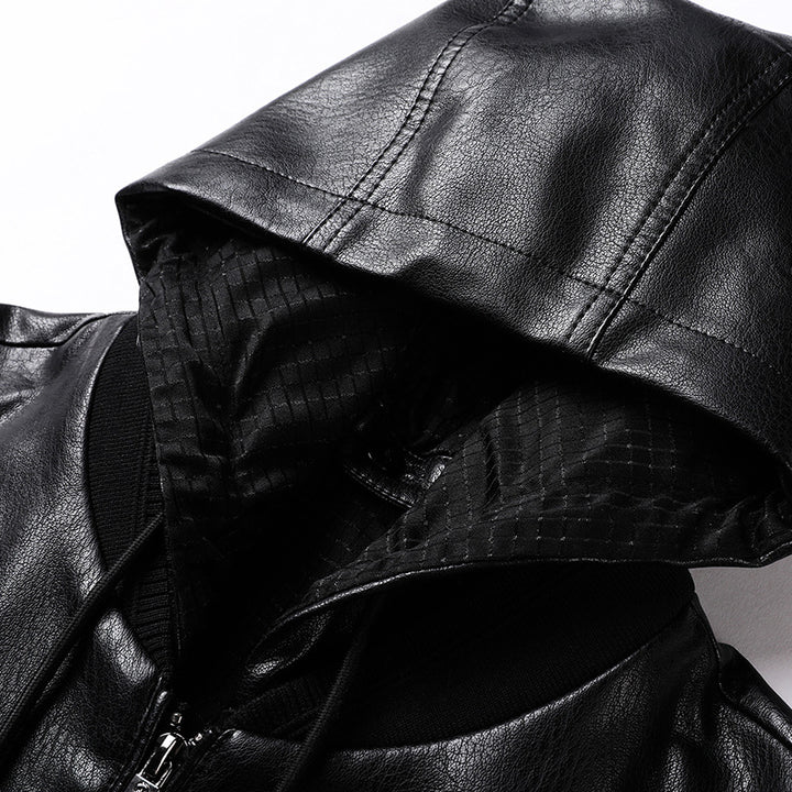 Herren Kapuzen-Lederimitat-Blouson mit Reißverschluss und elastischen Bündchen Drune