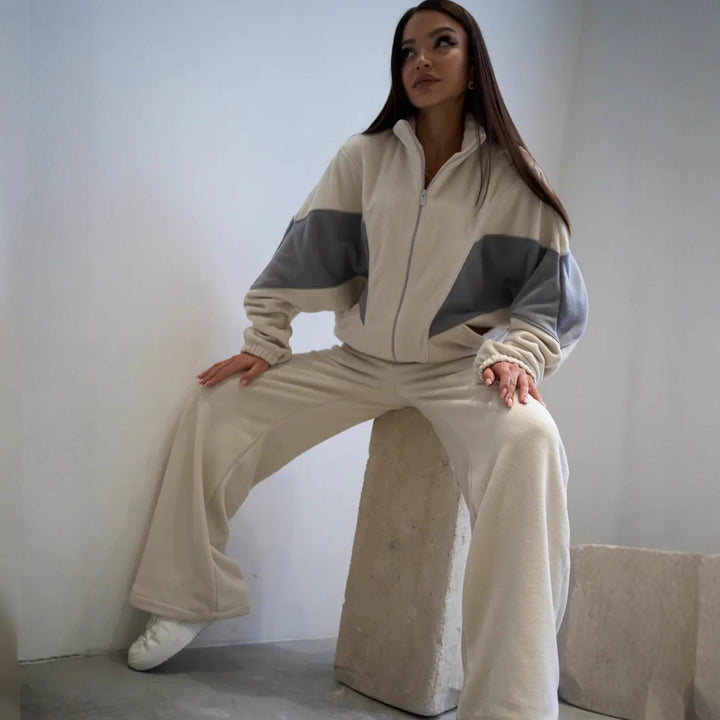 Damen oversized Reißverschluss-Fleecejacke mit Paneel-Details und weiter High-Waist-Loungehose Drune