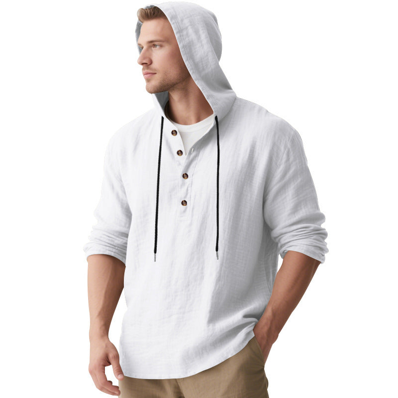 Herren nan lässiges Kapuzen-Henley Leinenmix Overshirt mit Kordelzug Drune