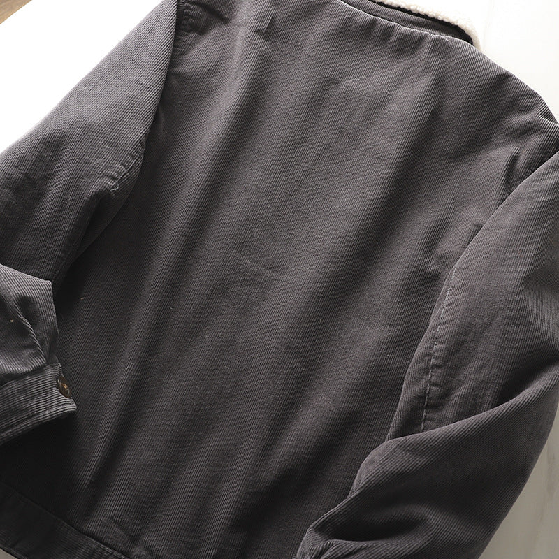 Herren nan gefütterte Cordjacke mit Teddykragen, Knopfleiste und aufgesetzten Taschen Drune