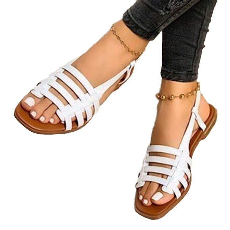 Damen Geflochtene Riemen-Sandalen mit flacher Laufsohle und offenem Zehenbereich Drune