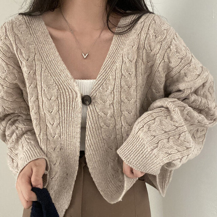 Damen kurz geschnittene Strickjacke mit Zopfmuster Drune