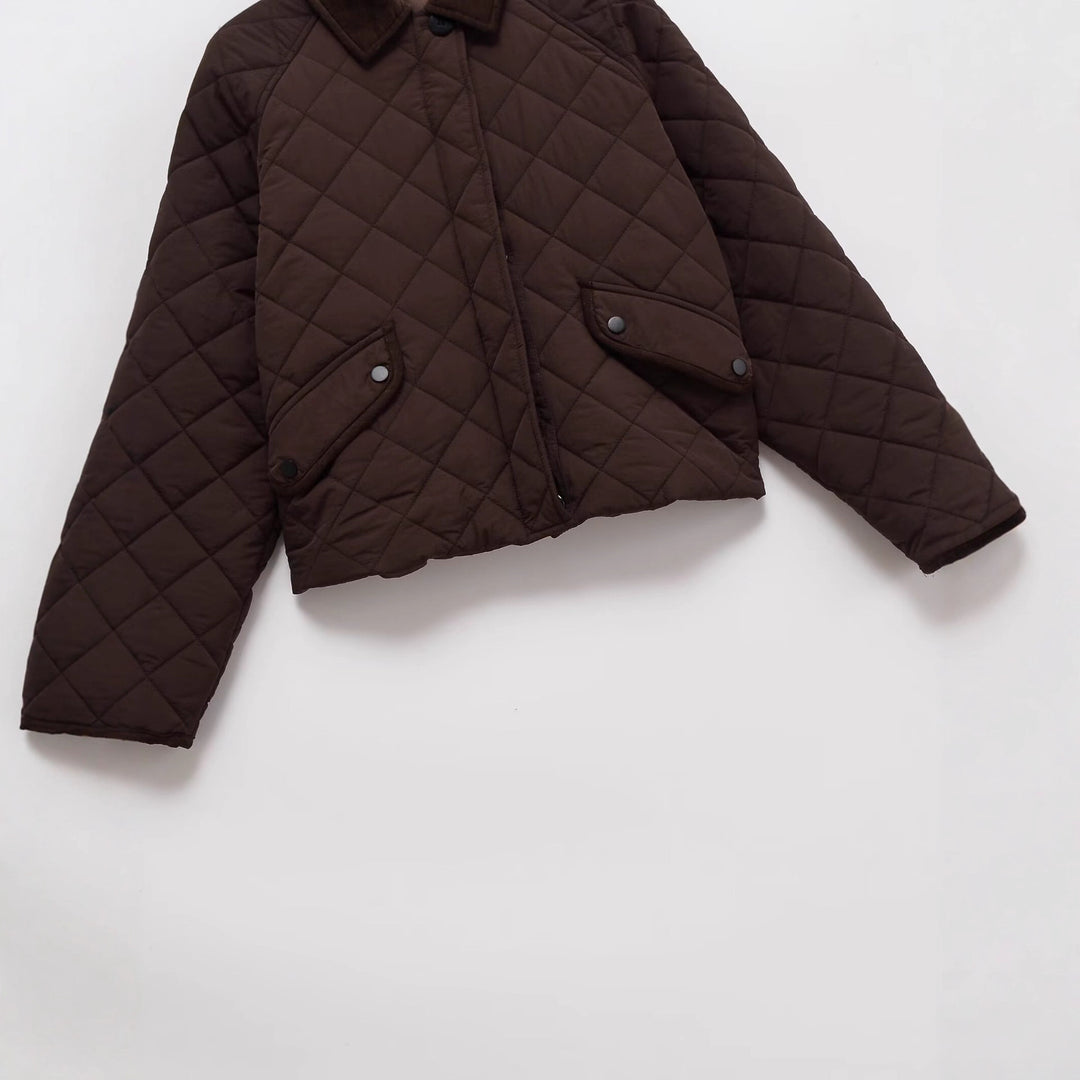 Damen Gesteppte Boxy‑Übergangsjacke mit Cordkragen und Pattentaschen Drune