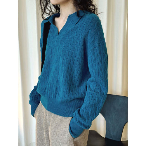 Damen Strickpullover mit Polokragen, V-Ausschnitt und Zopfmuster Drune