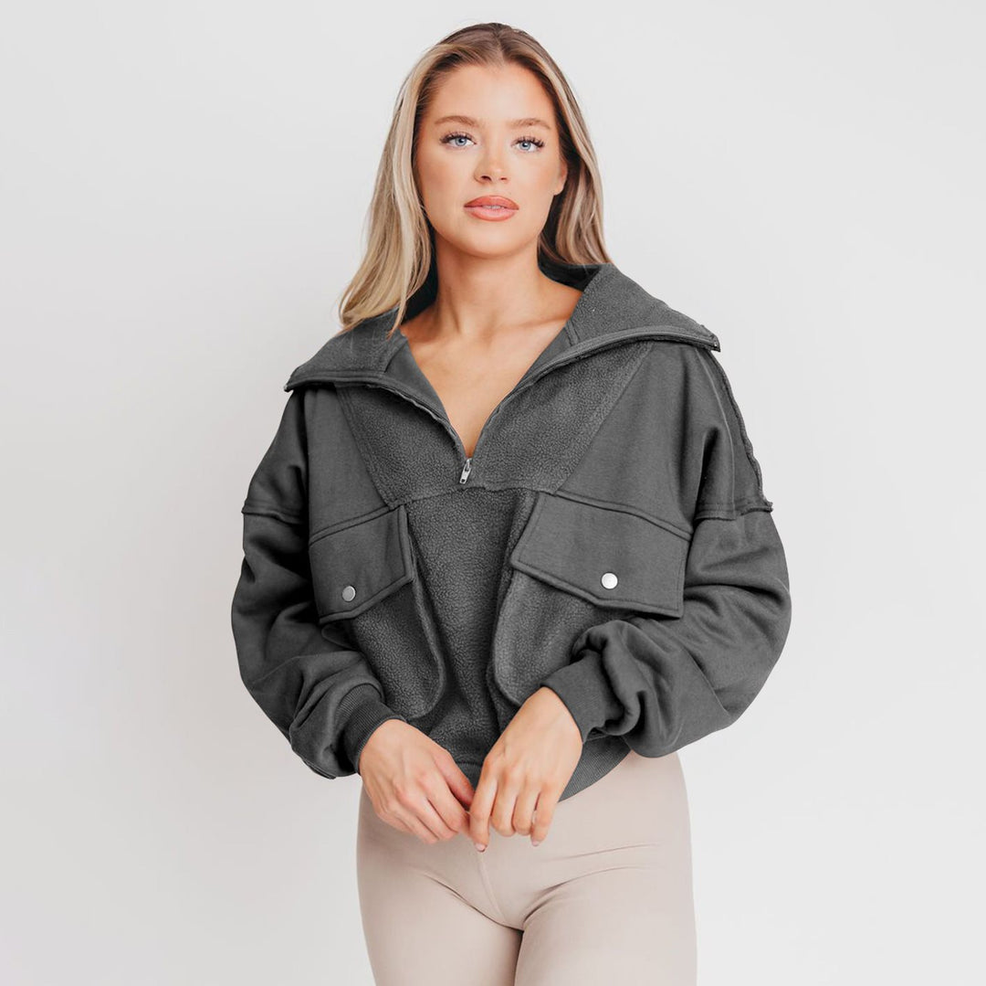 Damen lässiger Fleece-Pullover mit praktischen Tasche und hohem Kragen Drune