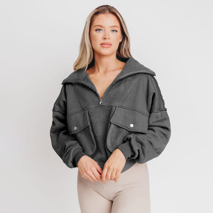 Damen lässiger Fleece-Pullover mit praktischen Tasche und hohem Kragen Drune