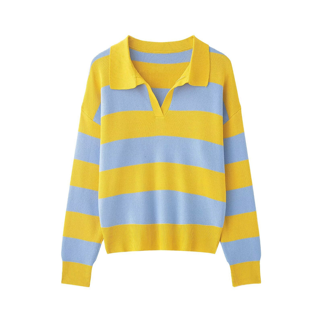 Damen Gestreifter Rugby-Polo-Pullover mit V-Notch und Cropped-Saum Drune