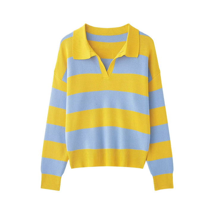 Damen Gestreifter Rugby-Polo-Pullover mit V-Notch und Cropped-Saum Drune