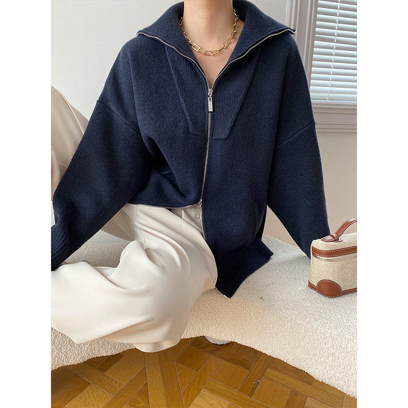 Damen Cozy Strickjacke mit hohem Kragen und Reißverschluss Drune