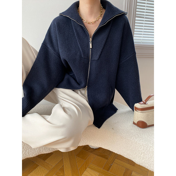 Damen Cozy Strickjacke mit hohem Kragen und Reißverschluss Drune