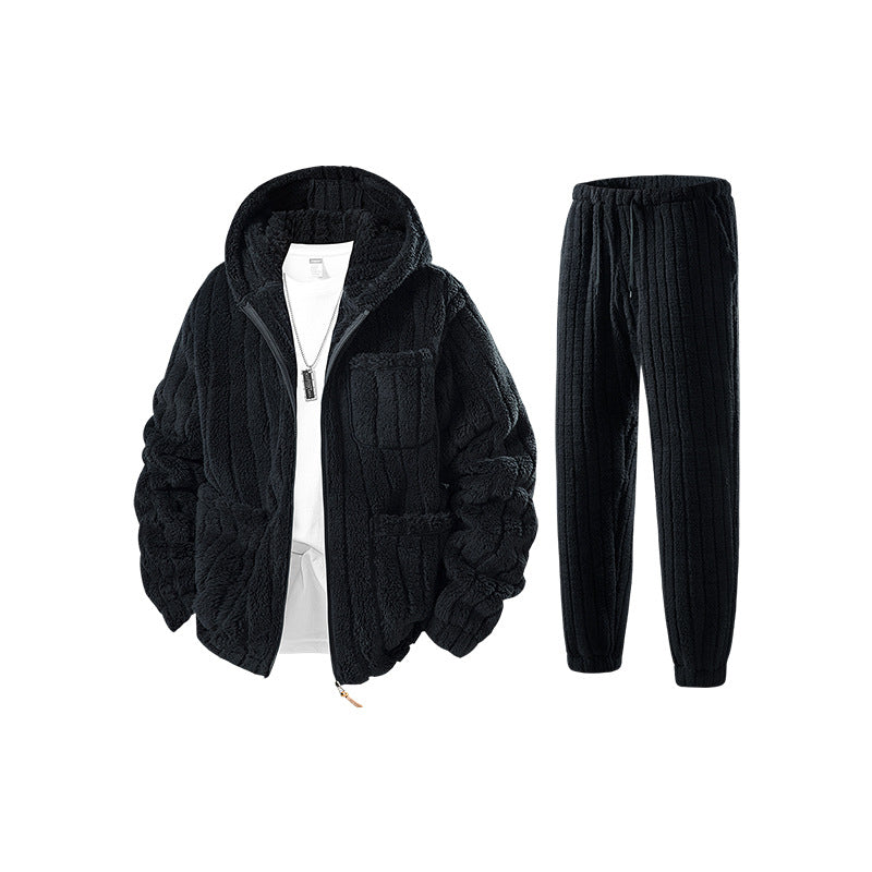 Herren Sherpa-Fleece-Set mit Kapuzenjacke, Reißverschluss und elastischer Jogginghose Drune