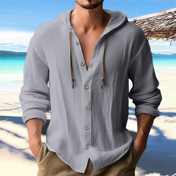 Herren nan Kapuzenhemd im Leinen-Look mit durchgehender Knopfleiste und Kordelzug Drune