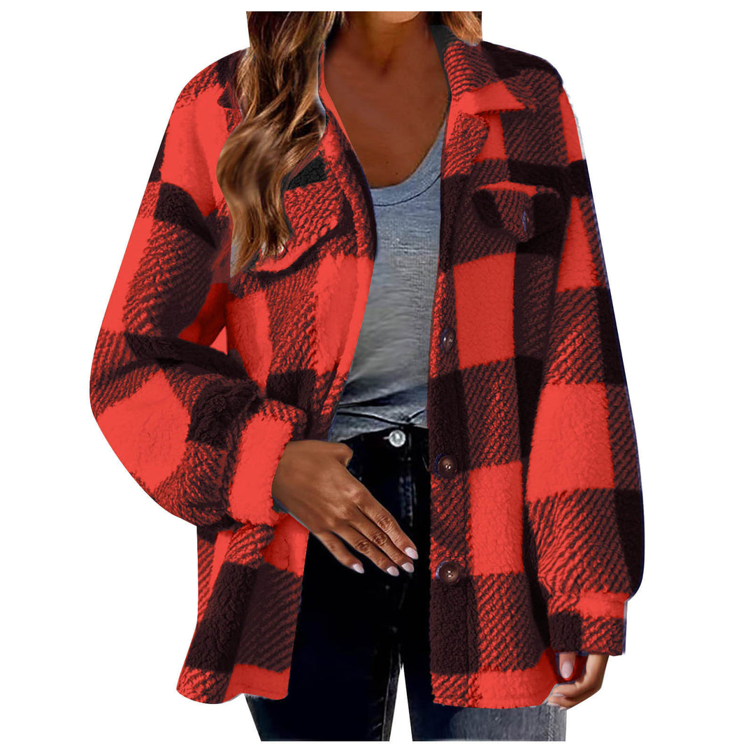 Damen nan kuschelige Sherpa-Karo-Übergangsjacke mit Brusttaschen und großzügigem Oversize-Schnitt Drune