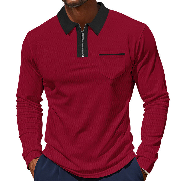 Herren nan langärmeliges Zip-Poloshirt mit Brusttasche und Kontrastkragen Drune