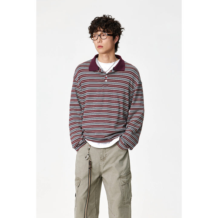 Unisex Klassisches gestreiftes Longsleeve-Poloshirt aus feinem Rippstrick mit Kentkragen und Halbknopfleiste Drune
