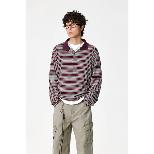 Unisex Klassisches gestreiftes Longsleeve-Poloshirt aus feinem Rippstrick mit Kentkragen und Halbknopfleiste Drune