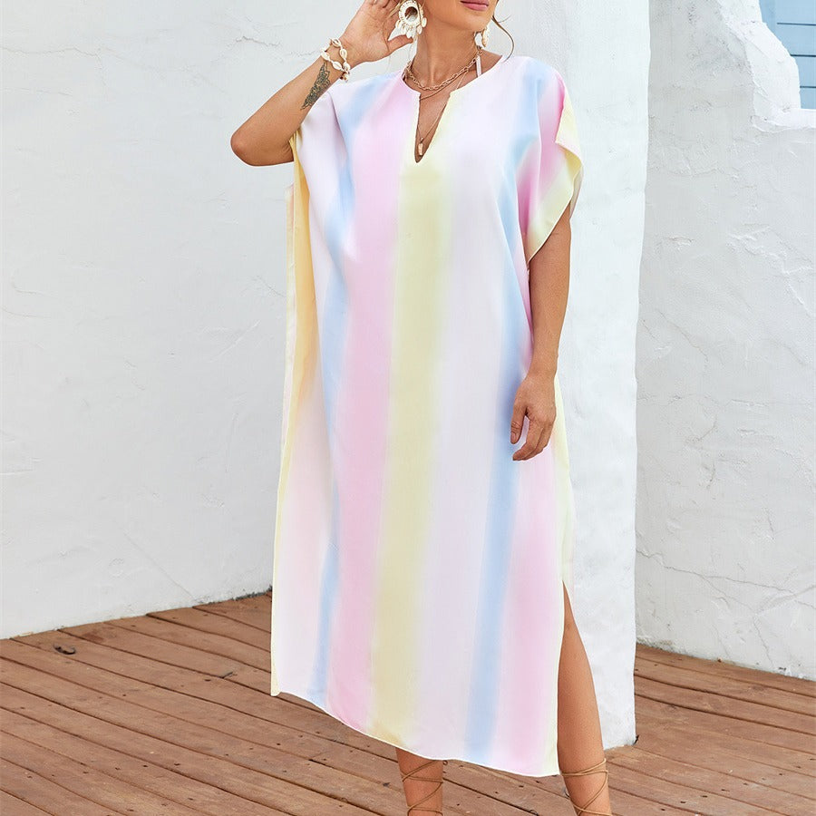 Damen lässiges Strandkleid mit V-Ausschnitt und luftigen Ärmeln Drune